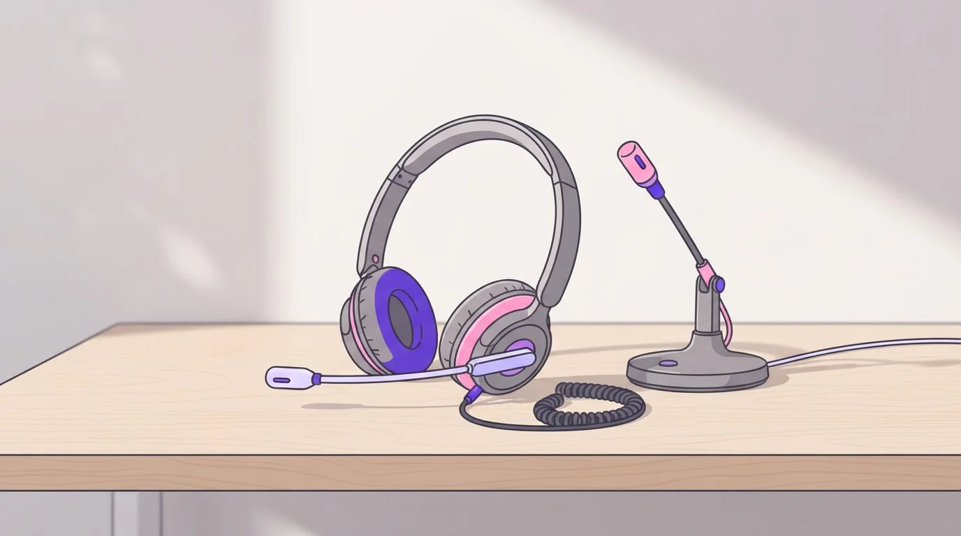 Schlichtes Headset und kleines Tischmikrofon an einem hellen Serviceplatz