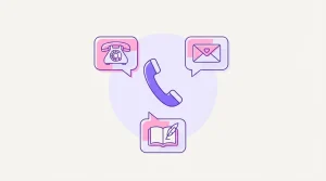 Drei schlichte Sprechblasen und ein Telefonhörer in kreisförmiger Anordnung