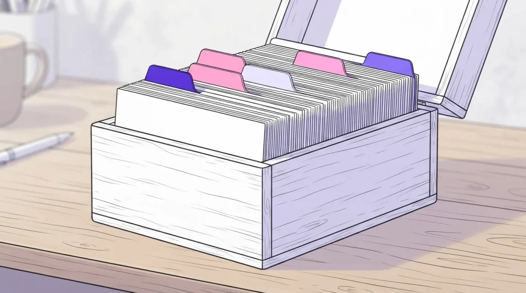 Geöffneter Karteikasten mit Papierkarten und farbigen Streifen auf einem Tisch