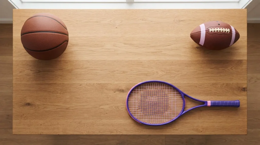 Fußball, Basketball und Tennisschläger auf einem gedeckten Holztisch